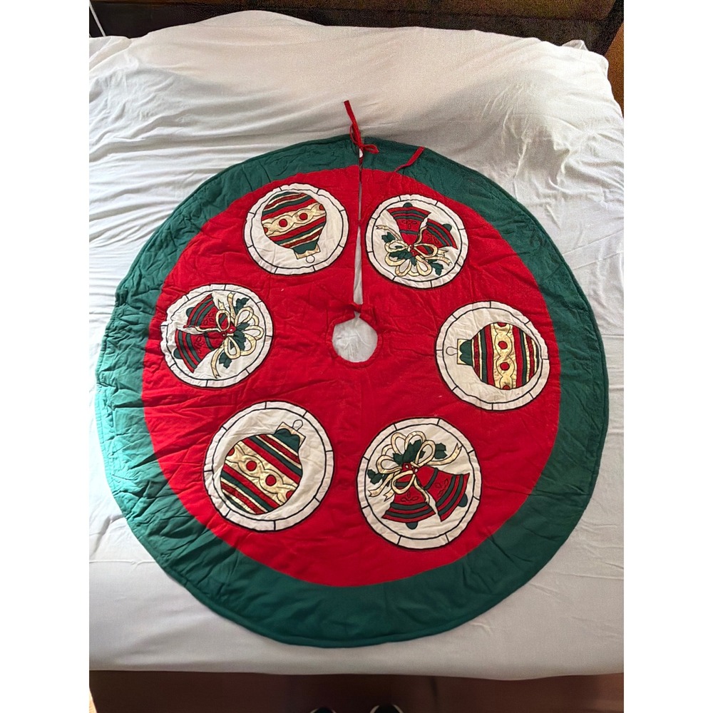 Vintage Quilted Christmas Tree Skirt Red Green Gold Ornaments Bells 58‎ Inch